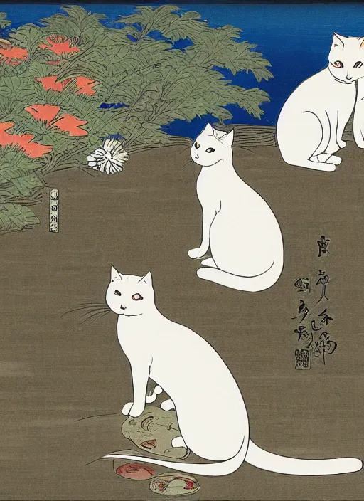 Image similar to whitecat with 2 baby white cats of utagawa hiroshige, digital painting 4 k uhd image, highly detailed