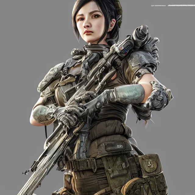 Image similar to the portrait of lawful neutral female futuristic marine sniper as absurdly beautiful, gorgeous, elegant, young gravure idol, an ultrafine hyperdetailed illustration by kim jung gi, irakli nadar, intricate linework, bright colors, octopath traveler, final fantasy, unreal engine 5 highly rendered, global illumination, radiant light, detailed and intricate environment