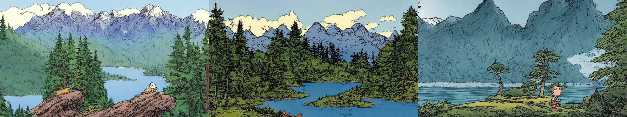 Prompt: mountains, trees, and lake, bill watterson