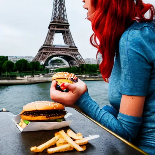 Prompt: a mermaid eating a burger on the top of the Eiffel Tower