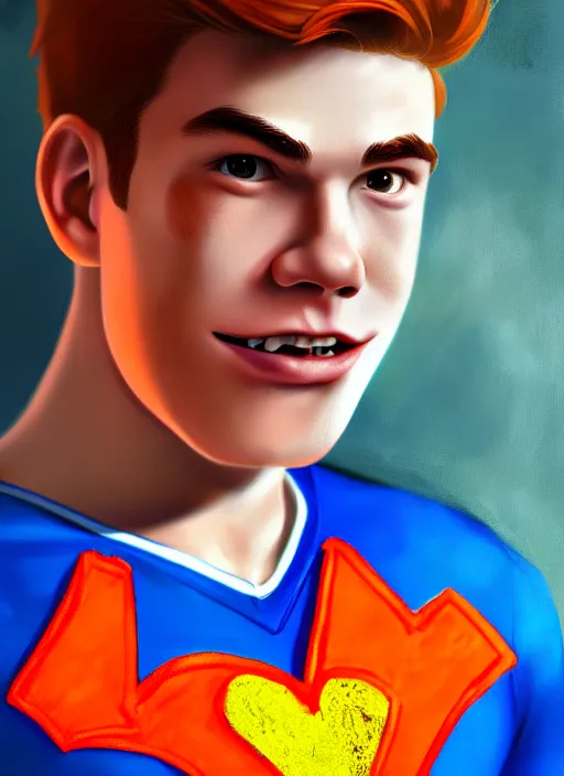 Image similar to friendly teenage archie andrews wearing an orange superhero costume with heart logo, heart, freckles, blue cape, heart emblem on chest, blue cape, intricate, elegant, glowing lights, highly detailed, digital painting, artstation, sharp focus, illustration, art by wlop, mars ravelo and greg rutkowski