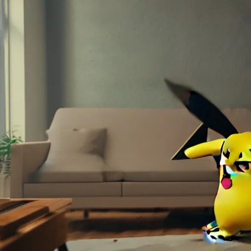 Image similar to Pikachu taking a bong rip on the couch, unreal engine 5, octane render, cgsociety, living room interior, soft lighting, ray tracing,