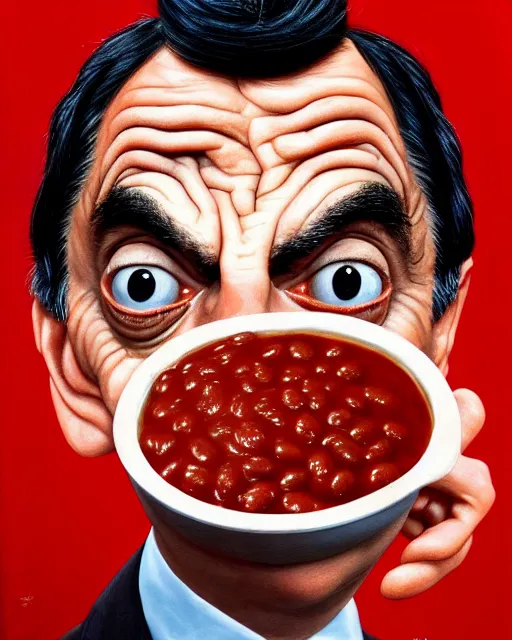 Prompt: portrait of mr bean's face in a bowl full of baked beans, head fully covered in beans and tomato sauce, beans in his eyes sockets, tomato sauce coming from his eyes, open mouth overflowing with baked beans, rowan atkinson, muted colors, surrealist oil painting, highly detailed