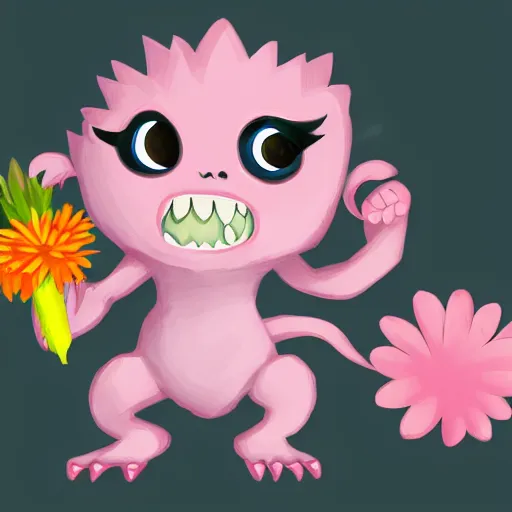 Image similar to small cute monster holding flower, concept art, detailed