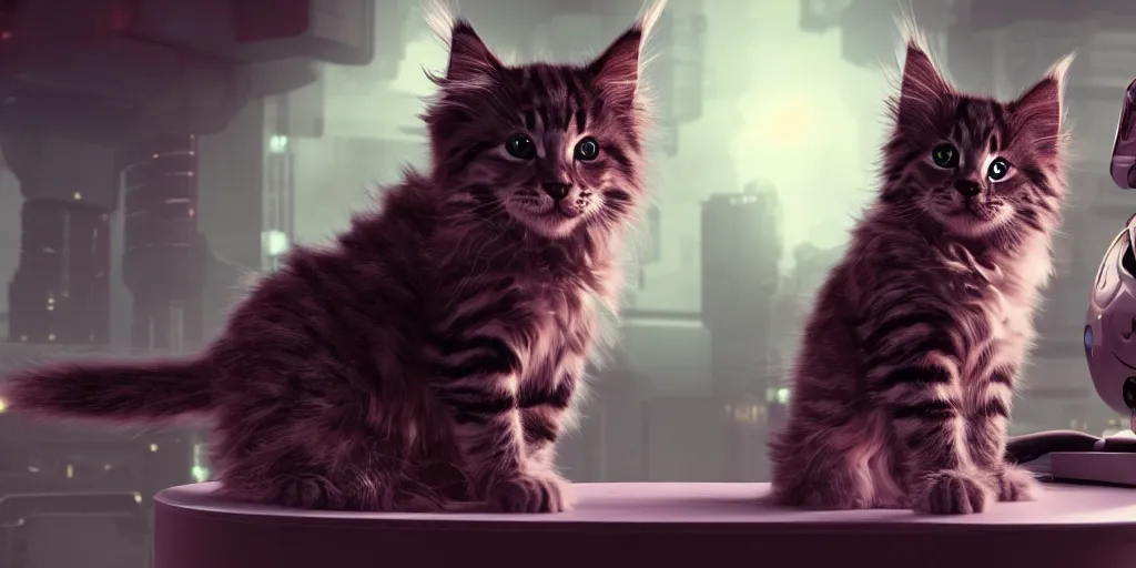 Image similar to a d rendered movie still a cute robotic kitten with rgb ambient lighting implants. the robot maine coon kitten. in the background is a cyberpunk cat tree with rgb dramatic lighting. science fiction blockbuster movie from the future, imax 7 0 mm. octane 3 d render, style of mandalorian ( american space western television series )