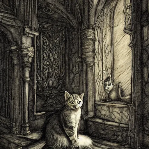 Prompt: cat from the void, illustrations by irish fairy tales james stephens arthur rackham, cat detailed, fairy tale illustrations, colour, top cinematic lighting , cinematic mood, very detailed, shot in canon, Old School FRP