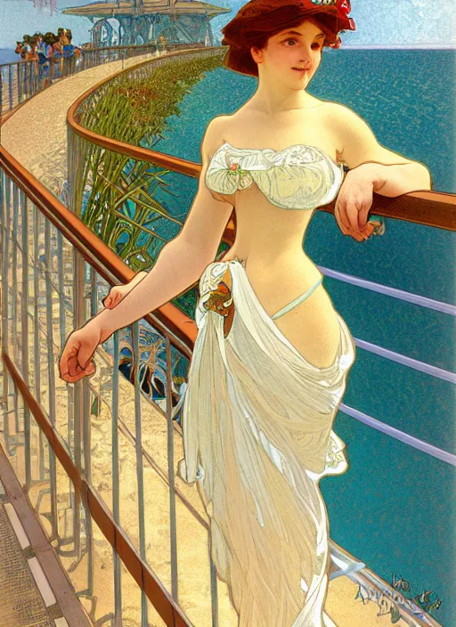 Image similar to pretty young woman leaning against the railing at the beach, path traced, highly detailed, high quality, digital painting, by alphonse mucha, disney