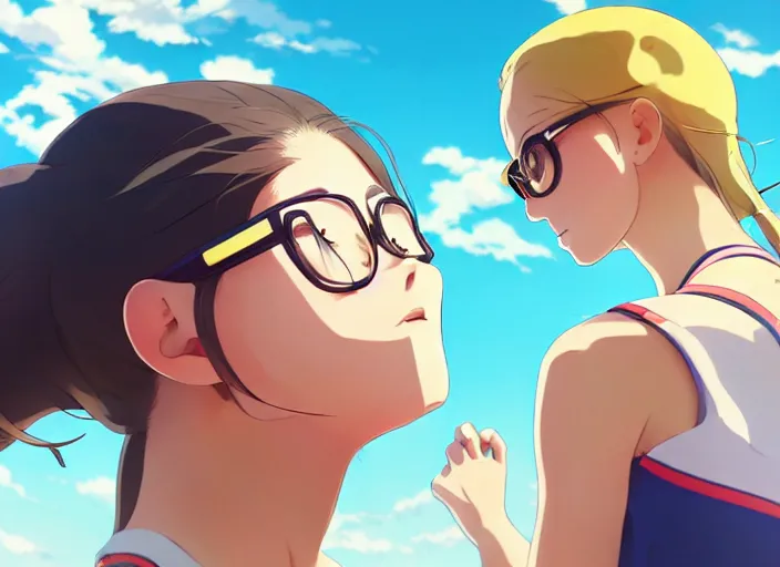 Prompt: side portrait of cute high school girl playing beach volley, sunny sky background stadium landscape illustration concept art anime key visual trending pixiv fanbox by wlop and greg rutkowski and makoto shinkai and studio ghibli and kyoto animation symmetrical facial features sports clothing yellow carrera glasses nike shirt clear lenses