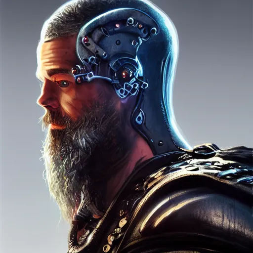 Image similar to Full body of Viking Nordic male, Cyberpunk 2077, cyborg neck, cybernetic neck implant, Wearing futuristic leather jacket, intricate, elegant, highly detailed, digital painting, artstation, concept art, smooth, sharp focus, illustration, art by artgerm and greg rutkowski