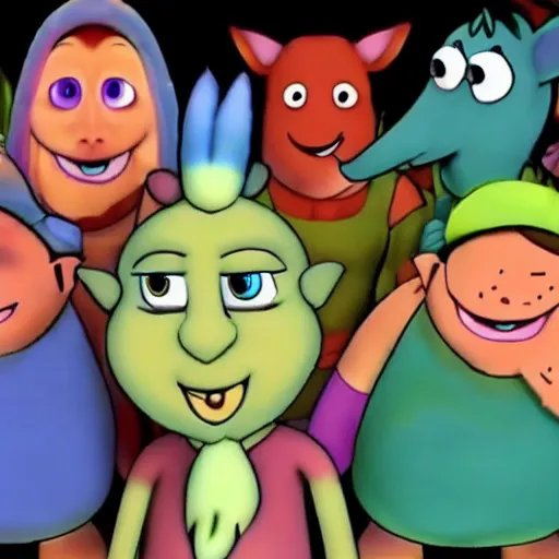 Image similar to morshu the shopkeep from ytp youtube poop, standing amongst his friends