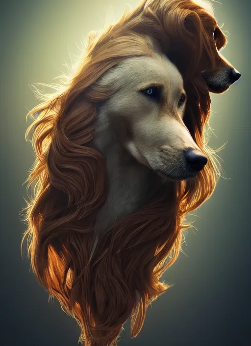 Image similar to beautiful illustration of a dog, gorgeous, amazing, flowing hair, muscular, very muscular male body, in the style abigail larsonand and sam guay, rim light, beautiful lighting, 8 k, stunning scene, octane, trending on artstation