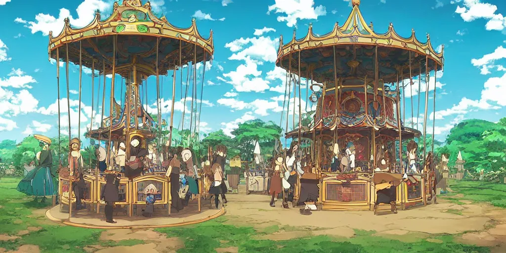 Image similar to a fantasy carousel in the style of studio ghibli, makoto shinkai