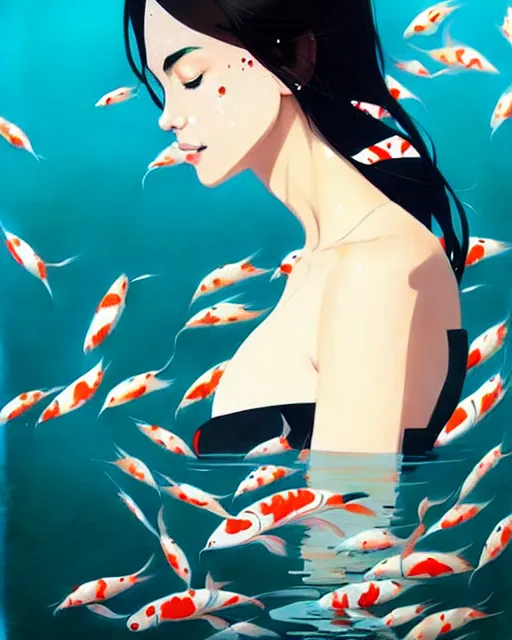 Image similar to a ultradetailed beautiful panting of a stylish woman surrounded by floating koi fish, by conrad roset, greg rutkowski and makoto shinkai, trending on artstation