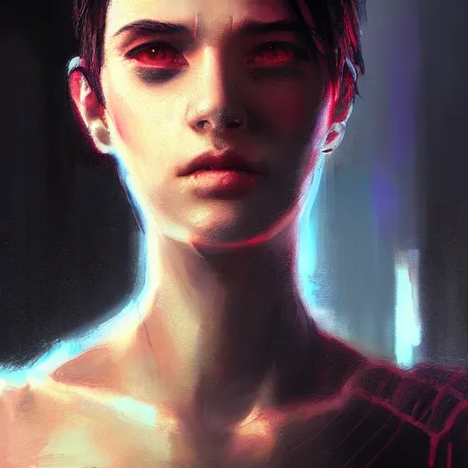 Prompt: close - up portrait of a young beautiful cyberpunk woman, mirror eye implants, short black hair, sunset, painted by seb mckinnon, high detail, digital art, painted by greg rutkowski, trending on artstation