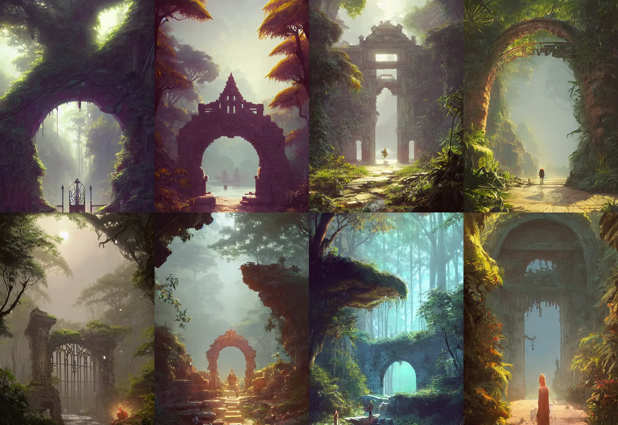 Prompt: a beautiful detailed matte painting of ancient ornamental mystical gate in the middle of jungle by atey ghailan, by greg rutkowski, by ghibli, hyper realistic, dynamic lighting, concept art, vibrant, detailed, grunge aesthetic, clean, sharp, trending on artstation