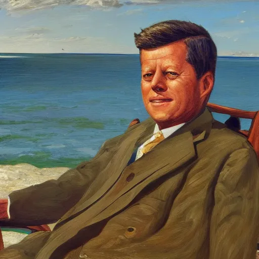 Image similar to portrait of john f kennedy, wrinkled, grey hair, handsome, hawaiian shirt, sitting in chair, landscape of nantucket beach, dunes, ocean, bluff, oil on canvas by william sidney mount - 1 9 8 2, trending on artstation