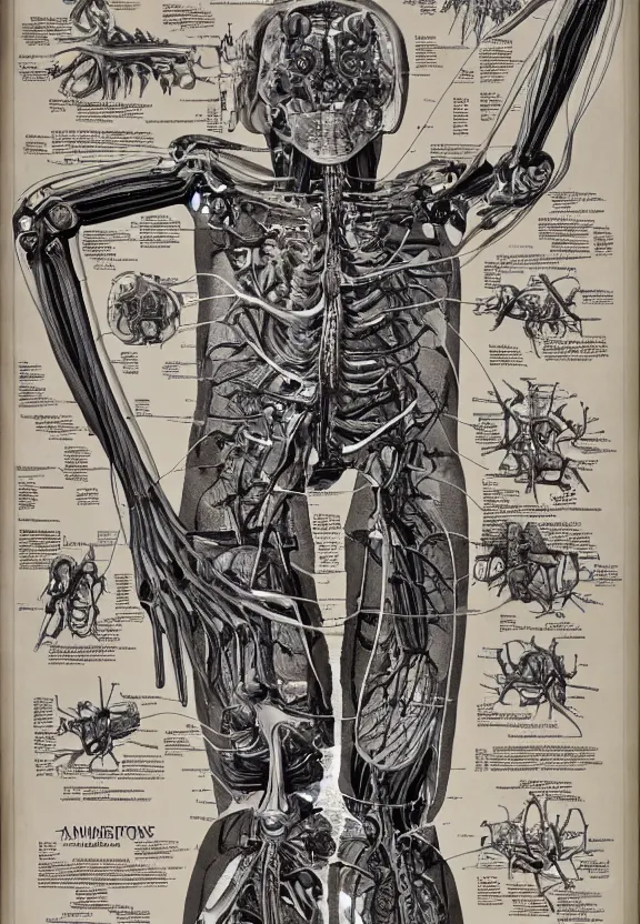 Prompt: highly detailed labeled medical anatomy poster of a robotic abomination, anatomical drawing on poster paper with notes + well - lit, ray tracing, detailed, mechanism, ent, forbidden - knowledge, intricate details, gold and silver ink