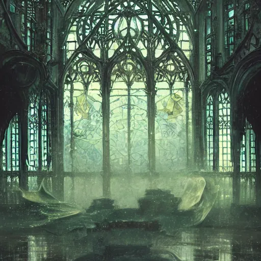 Prompt: large mechanical device with secret function, ornate, beautiful, atmosphere, vibe, mist, smoke, fire, chimney, rain, wet, pristine, puddles, melting, dripping, snow, creek, lush, ice, bridge, green, stained glass, forest, roses, flowers, by stanley artgerm lau, greg rutkowski, thomas kindkade, alphonse mucha