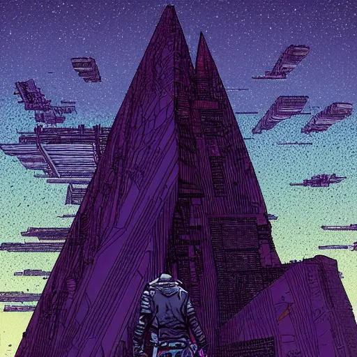 Image similar to cyberpunk explorer looking up at giant triangular monolith, highly detailed, midnight, by josan gonzalez, moebius, laurie greasley