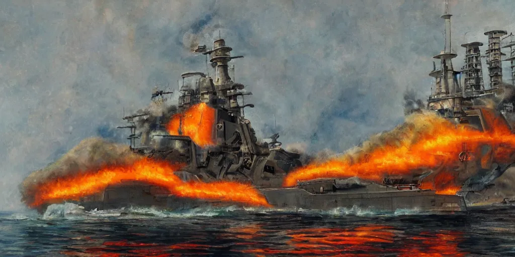 Prompt: dieselpunk battleship on fire, full shot, side view, impressionist painting