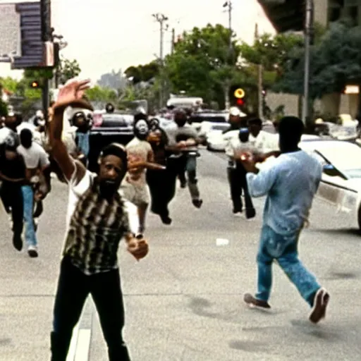 Image similar to film still, black rioters, in Los Angeles 1992 Riots