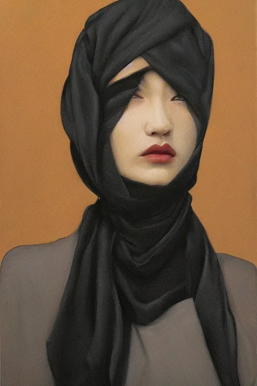 Prompt: hyperrealism oil painting, portrait fashion model, black square censure on eyes, face is wrapped in a black scarf, s, dark background, in style of classicism mixed with 8 0 s japanese sci - fi books art