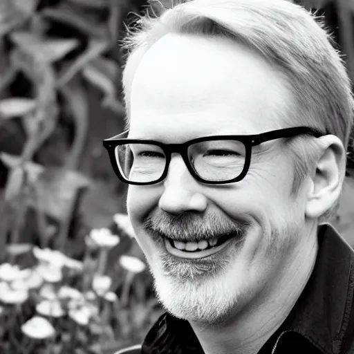 Prompt: professional photograph of Adam Savage smiling in a garden