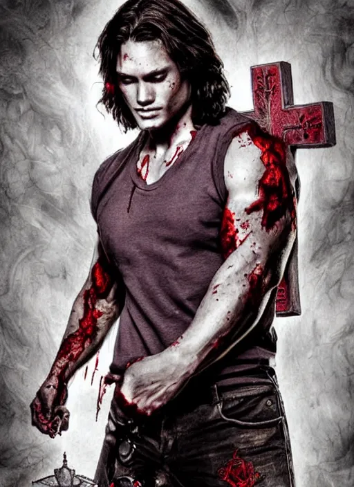 Image similar to Sam Winchester as a half-muscular half-blood angel with a big cross pendant and religious tattoos on chest and neck, stained and bleeding, magic overlays, magic flames, open portal with runes in the background, romance book cover style, D&D illustration style, (octane render) fantasy style, sharp focus, ultra detailed, art by Artgerm and Peter Andrew Jones, Ayami Kojima, Amano and Olivier Ledroit