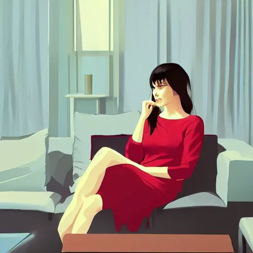 Image similar to a woman is sitting on her living room couch. She is dressed casually and is watching TV artstation digital art by Ilya Kuvshinov