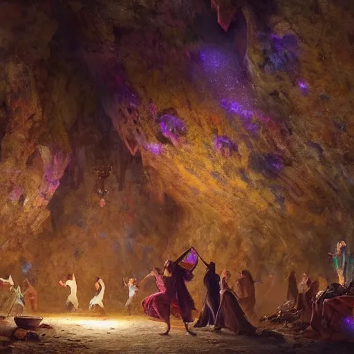 Prompt: medieval people dancing in a cave, there are colorful crystals on the ceiling and on the ground, by greg rutkowski, 4k, very detailed