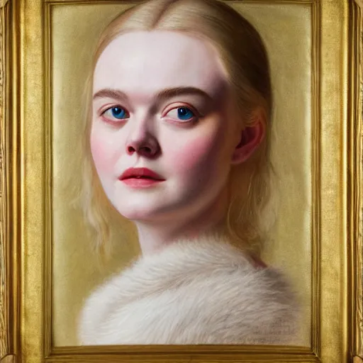 Image similar to Elle Fanning in a fur coat, religious masterpiece portrait, oil on canvas, golden hour, in the world of Andrew Wyeth, artstation, by J. C. Leyendecker and Peter Paul Rubens,