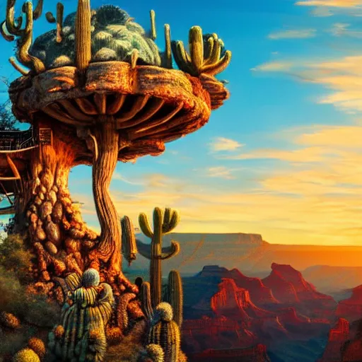 Prompt: fancy treehouse mansion built in a giant cactus on top of plateau with amazing panoramic view of colorful sunset over the grand canyon detailed luminescent airbrushed magical realism painting 4 k