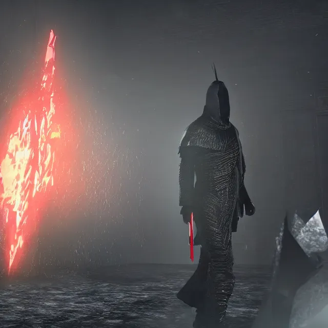 Image similar to yeezus era kanye reimagined as a boss in dark souls, dark cinematic, volumetric, realistic, cinematic lighting, ray tracing, unreal engine 5, unreal engine render, octane render, hyper realistic, photo, 8 k