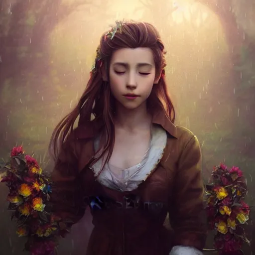 Prompt: Beautiful riveting aesthetically pleasing Aerith Gainsborough holding a flower basket portrait, face centered portrait, Confident, fog, rain, volumetric lighting, beautiful, golden hour, sharp focus, ultra detailed, conceptartworld by Leesha Hannigan, Ross Tran, Thierry Doizon, Kai Carpenter, Ignacio Fernández Ríos