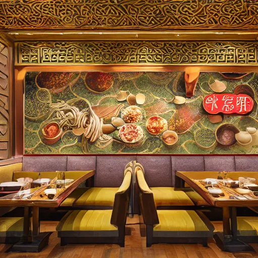 Image similar to a beautiful hyperdetailed 4 k hd wallpaper illustration interior of roasted string hotpot restaurant restaurant yan'an, wall painting, from china, with merchant logo, fine delicate structure, chinese style, victo ngai