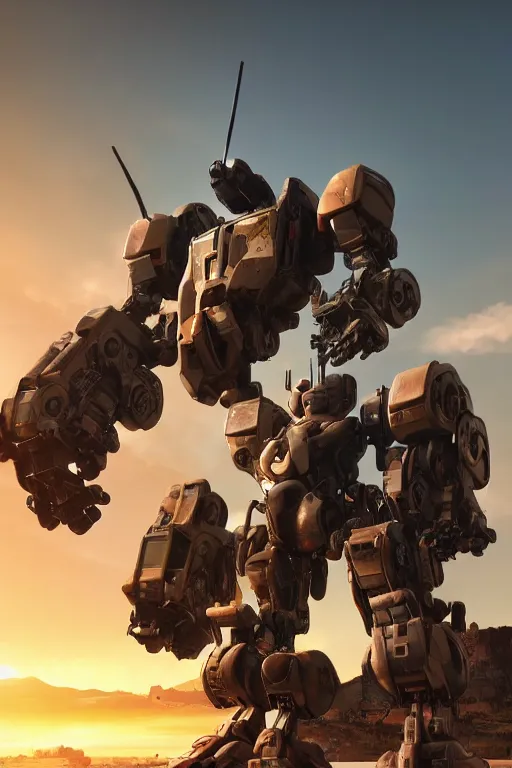 Prompt: A real photo of a Mechwarrior Robot with a big cannon on the arm and the sunset in the distance, by Josan Gonzalez, Yoji Shinkawa and Geof Darrow, highly detailed, Unreal Engine Render, 3D, 8k wallpaper