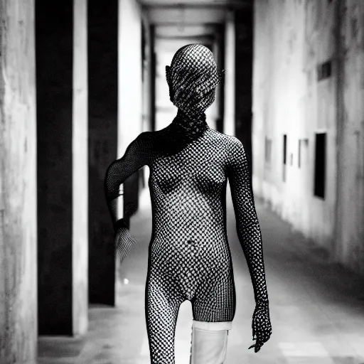 Image similar to fashion photography of an extraterrestrial model, wearing demobaza fashion, inside berghain, berlin fashion,, futuristic fashion, dark minimal outfit, photo 3 5 mm leica, hyperdetail, berghain, 8 k, very detailed, photo by vito acconci