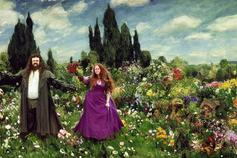 Image similar to hagrid the viking and morticia addams frolicking in a field of various flowers, fairy garden, masterpiece, highly detailed, oil on canvas, art by walter sickert, john singer sargent, and william open