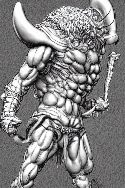 Prompt: bull humanoid figure, highly detailed, digital art, sharp focus, trending on art station, kentaro miura manga art style