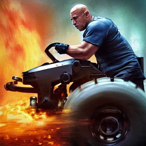 Image similar to hyperrealistic mixed media high resolution painting of Vin Diesel racing a lawnmower, stunning 3d render inspired art by István Sándorfi and Greg Rutkowski and Unreal Engine, perfect symmetry, dim volumetric lighting, 8k octane beautifully detailed render, post-processing, extremely hyper-detailed, intricate, epic composition, highly detailed attributes, highly detailed atmosphere, cinematic lighting, masterpiece, trending on artstation, very very detailed, masterpiece, stunning, flawless structure, lifelike texture, perfection,