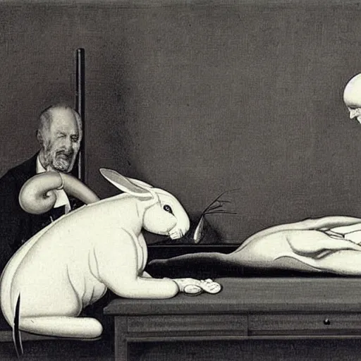 Prompt: A large rabbit performing an autopsy on a man lying on a metal table, painting by Rockwell Kent