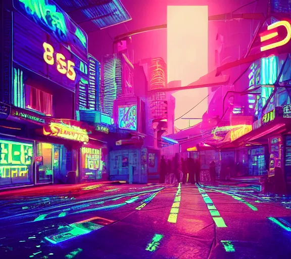 Image similar to a dreamlike cyberpunk city sit in the very far future, neon signs, shops and bars, floating buildings, glowing neons, synthwave, slightly abstract, rich deep colors, 4 k, realistic photography, flying cars in the distance, robot humanoids, anthropomorphic vehicles, fantasy setting, brilliant dreamy lighting, 8 0 s vibe, morning, blue sun