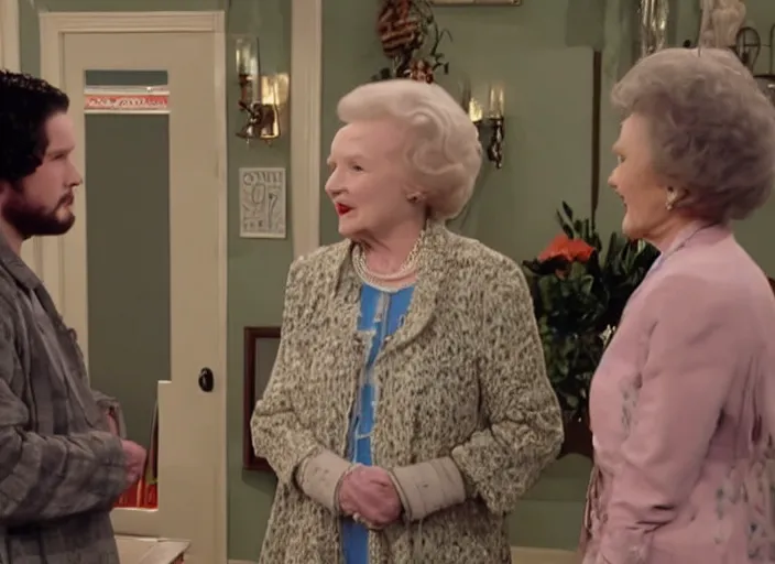 Prompt: a screenshot of jon snow speaking to betty white in an episode of the golden girls