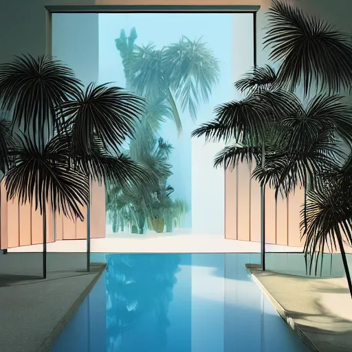 Image similar to indoor liminal space, golden light, peter tarka, palm trees, pink door, minimalistic, hyperrealistic surrealism, award winning masterpiece with incredible details, epic stunning, infinity pool mirrors, a surreal vaporwave liminal space with mirrors, highly detailed, trending on artstation, artgerm and greg rutkowski and alphonse mucha, daily deviation