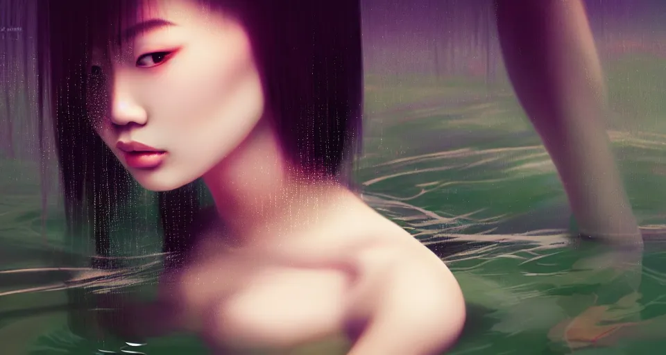 Prompt: medium closeup shot, flash long exposure photography of asian woman fashion posing in the lake, playboy photoshoot, digital illustration by ruan jia, sharp focus, high details