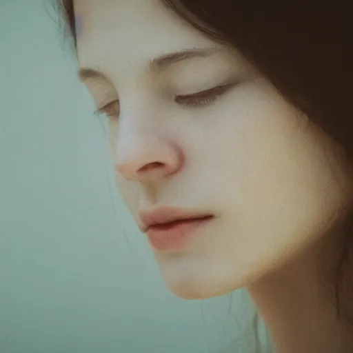 Image similar to photorealistic portrait of a beautiful young woman, very blurry, out of focus, translucent stone white skin, closed eyes, foggy, closeup