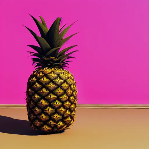 Image similar to 3 d render of a hovering pink pineapple against a pink backdrop with slight sadow underneath ophotorealistic, 4 k, cgsociety, blender, unreal engine 5, sharp details, 3 0 0 dpi