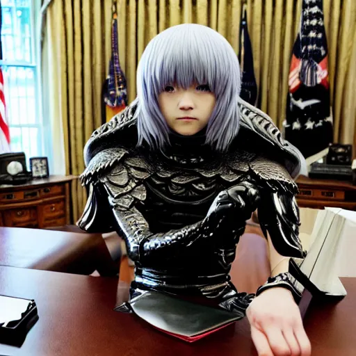 Image similar to a person cosplaying griffith from berserk manga by kentaro miura sitting at oval office desk with american flag