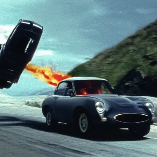 Prompt: car chased by a flying car, movie still of James bond