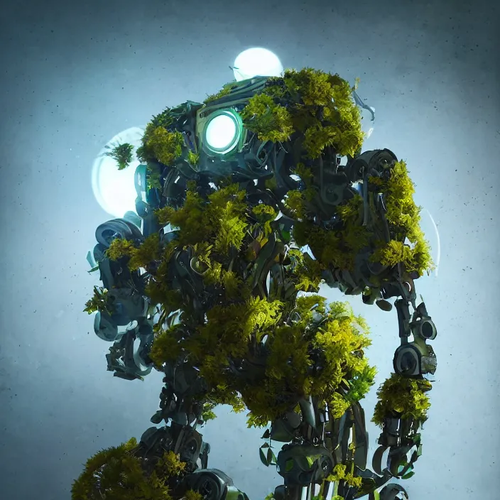 Image similar to overgrown foliage taking over an abandoned robot body, close - up, 3 5 mm, biopunk, bokeh, beautiful, lens flare, emotional, sweet, flowers, detailed, picture, trending on artstation, award - winning, shiny, golden